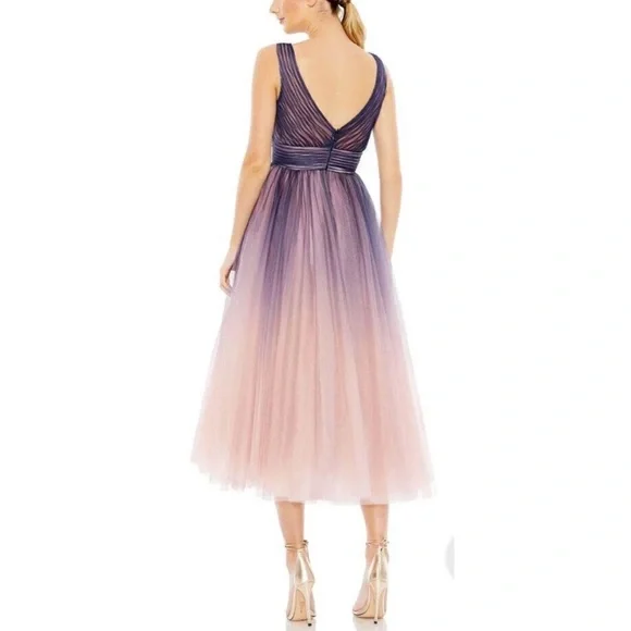 Mac Duggal 20403 Indigo Ombré Tulle Sleeveless V-Neck Midi Dress - Reemoly